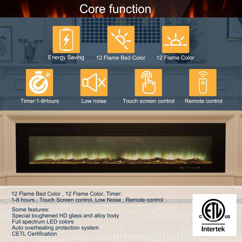 Corretto 72" Black Wall Mounted Electric Fireplace with Mantel