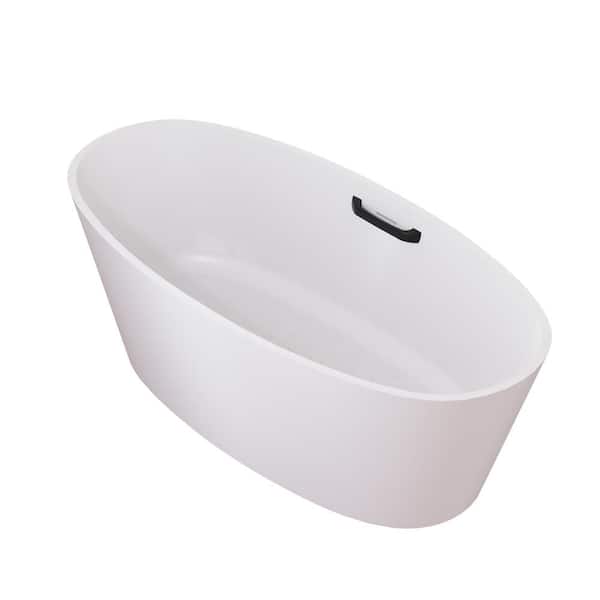 60 in. x 30 in. Solid Surface Stone Freestanding Soaking Bathtub in White with Matte Black Tub Handle