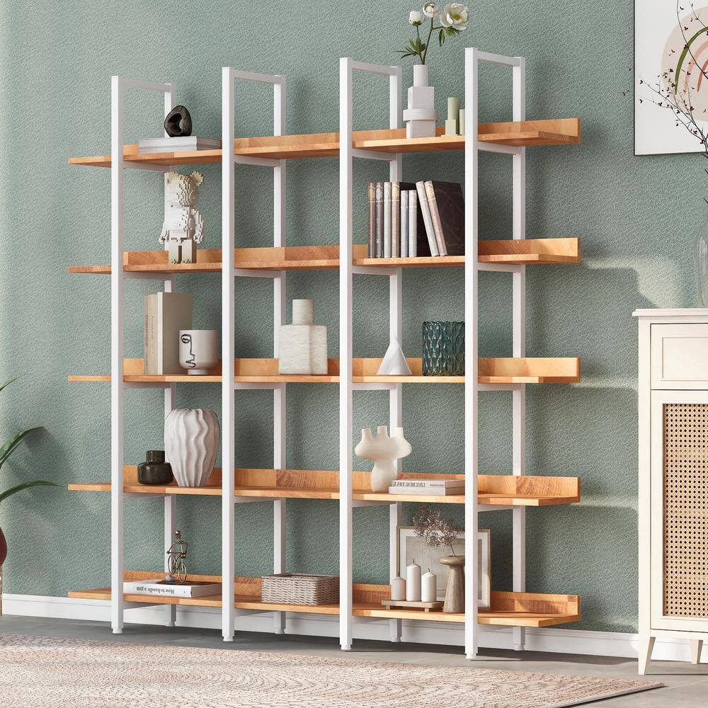 Mid Century 70.9 in. Wide Light Brown White Frame 5-Tier Shelves Accent Boo