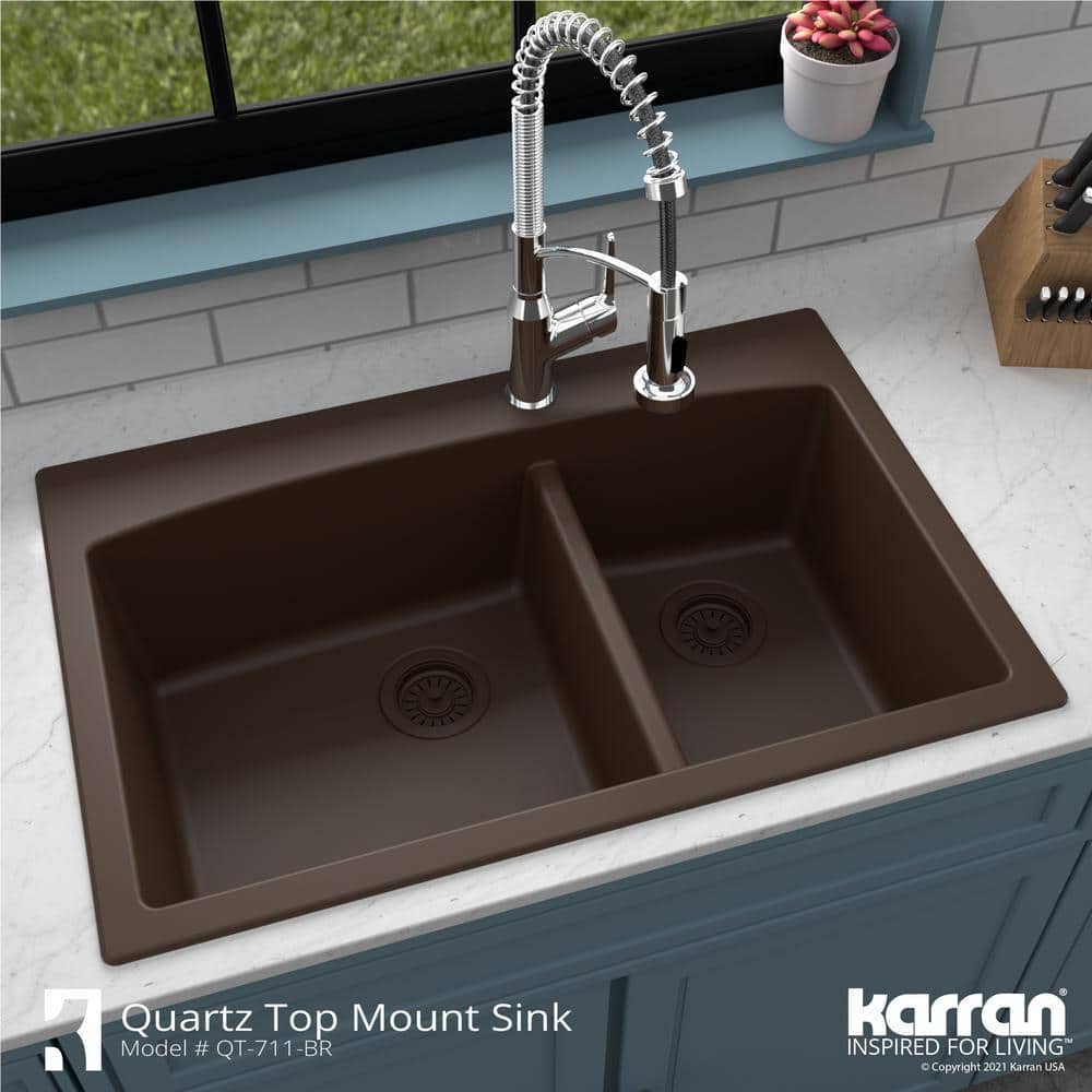 Brown Quartz Double Bowl Kitchen Sink with Rear Drain