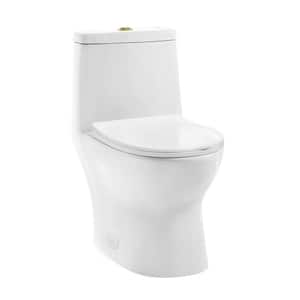 Ivy 1-piece 1.1/1.6 GPF Dual Vortex Flush Elongated Toilet in Glossy White with Brushed Gold Hardware Seat Included