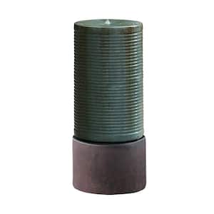 44 in. Outdoor Tall Large Modern Antique Green Copper Finish Cylinder Ribbed Tower Water Urn Fountain With Rustic Base