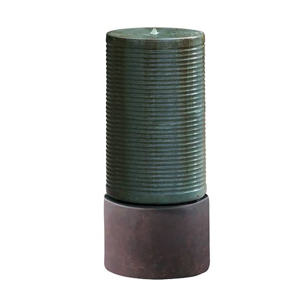 HOTEBIKE 44 in. Outdoor Tall Large Modern Antique Green Copper Finish Cylinder Ribbed Tower Water Urn Fountain With Rustic Base