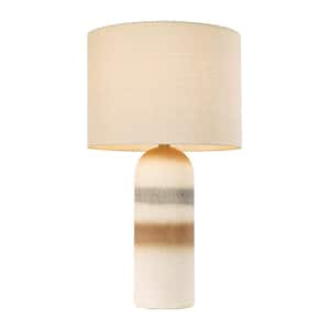 26.77 in. White Brown Ceramic Table Lamp with Cylindrical Lampshade (Set of 1)