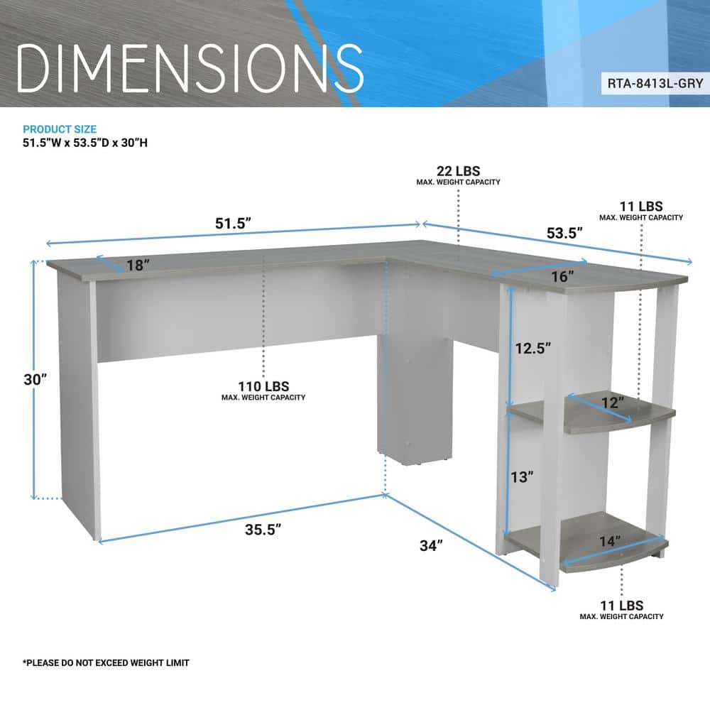 Modern Gray L-Shaped Home Office Desk with Side Storage Shelves