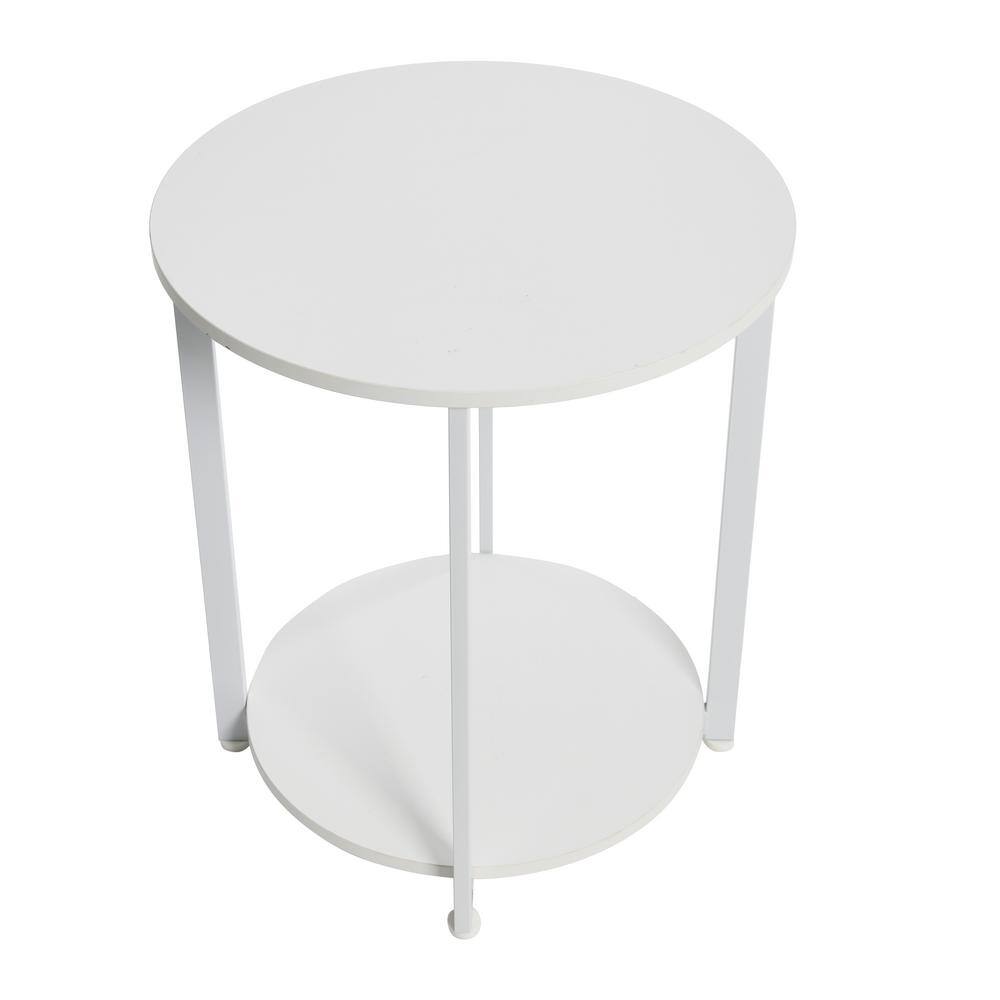 White Round Minimalist End Table with Metal Frame and Shelf