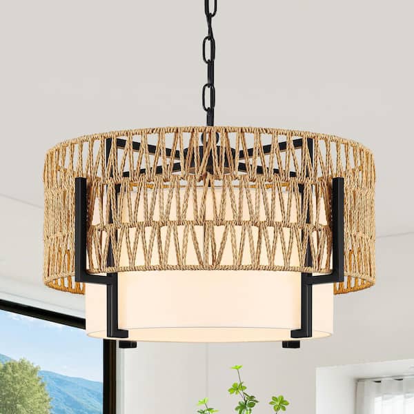 6-Light Black Bohemian Drum Chandelier with Hand-Woven Rattan and White Fabric Shade