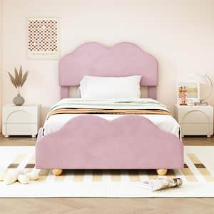 Light Pink Wood Frame Twin Size Soft Velvet Upholstered Platform Bed with Lovely Cloud Shaped Headboard