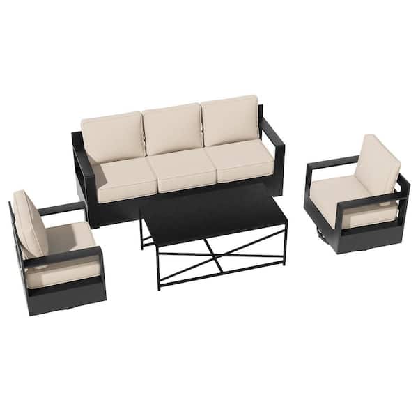 4-Piece Modern Metal Outdoor Patio Furniture Set Swivel Chairs with Beige Cushions and Coffee Table