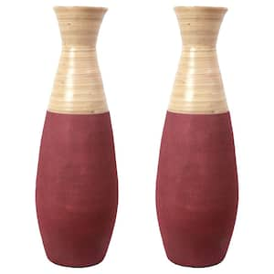 Set of 2 31.5 in. Tall Handcrafted Bamboo Floor Vase, Burgundy Red and Natural Finish, Hourglass-Like Shape Floor Vase