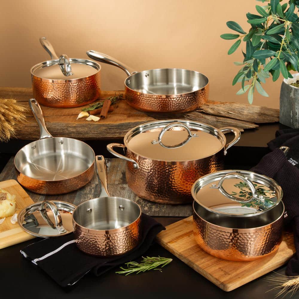 Vintage Hammered Copper and Stainless Steel 10-Piece Cookware Set