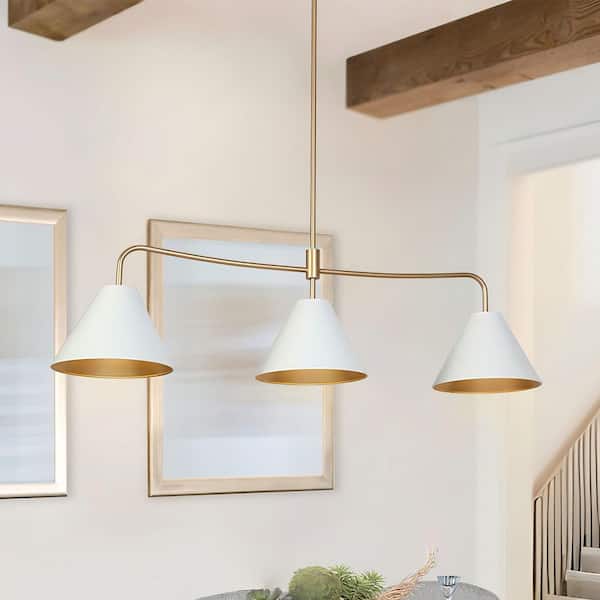Mid-century Modern 44.9 in. W 3-Lights Linear Island Lamps with White Shade, Dark Gold Pendant Lights for Kitchen Island