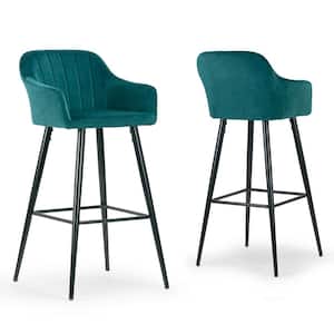 Set of 2 Anisa 41 in. Teal Velvet Bar Stool with Decorative Stitching