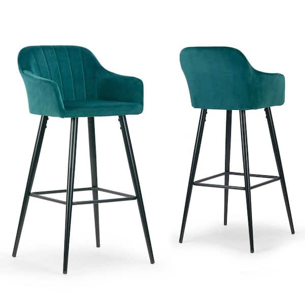 Glamour Home Set of 2 Anisa 41 in. Teal Velvet Bar Stool with Decorative Stitching
