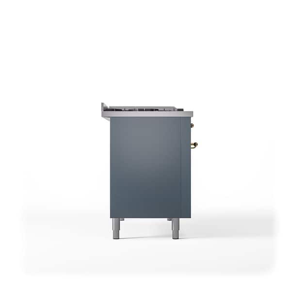 Nostalgie II 48 in. 5 Burner+Frenchtop+Griddle Freestanding Double Oven Dual Fuel Range in Blue Grey with Brass
