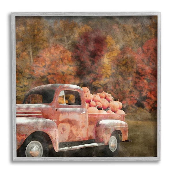 Stupell Industries Fall Truck with Pumpkins by LSR Design Studio 1-Piece Framed Graphic Print Travel Poster Art Print 12 in. x 12 in.
