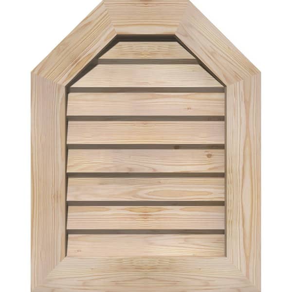 Ekena Millwork 35 in. x 23 in. Octagon Unfinished Smooth Pine Wood Built-in Screen Gable Louver Vent