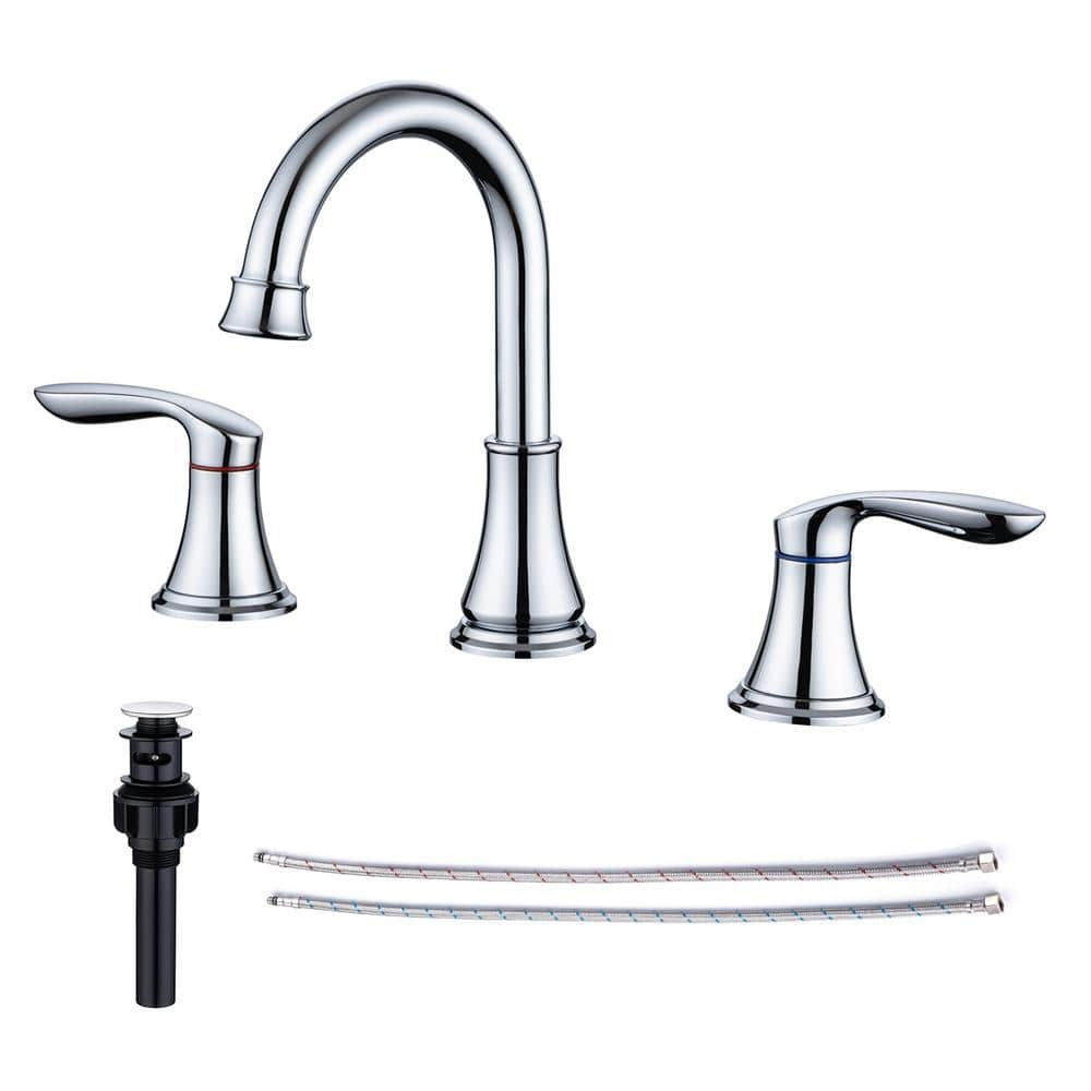 Flg 8 In Widespread Double Handle Bathroom Faucet With Drain Kit 3 Holes Modern Brass Sink 7484