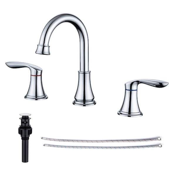 FLG 8 in. Widespread Double Handle Bathroom Faucet with Drain Kit 3-Holes Modern Brass Sink Basin Faucets in Polished Chrome