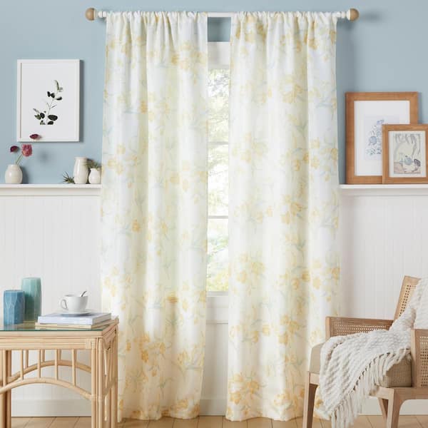 Estate View Printemps Yellow Floral Light Filtering Rod Pocket Indoor Curtain Panel, 38 in. W x 96 in. L (Set of 2)