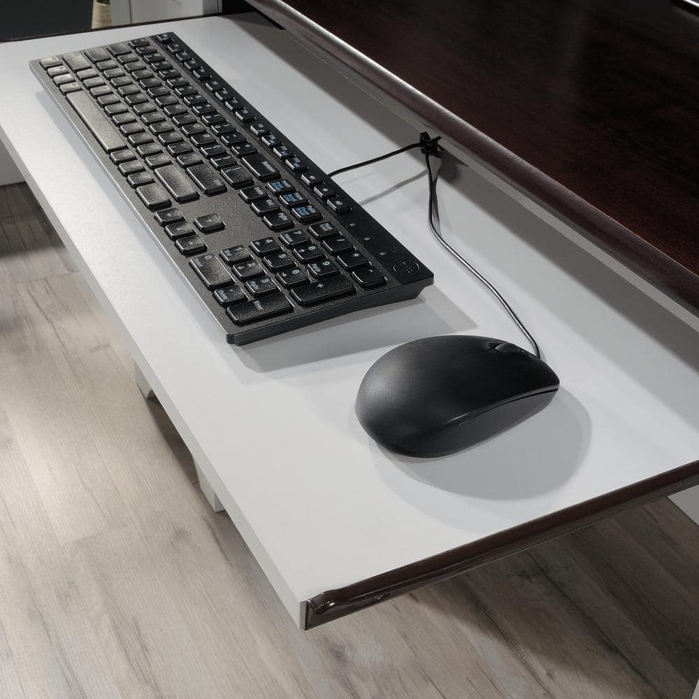 Soft White Multifunctional Computer Desk with Cherry Accent and Storage
