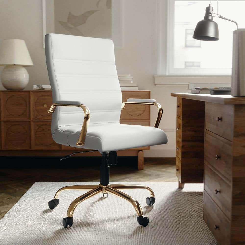 Whitney High Back Faux Leather Swivel Ergonomic Office Chair in White/Gold Frame with Arms