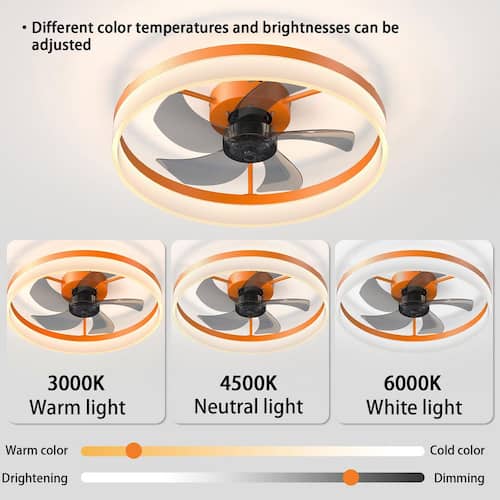 20 in. Smart Indoor Orange Flush Mount Ceiling Fan with Light Dimmable LED with APP/Remote Included and Reversible Motor Lighting