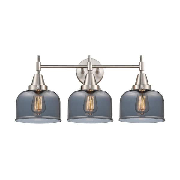 Caden 26 in. 3-Light Satin Nickel, Plated Smoke Vanity Light with Black Glass Shade