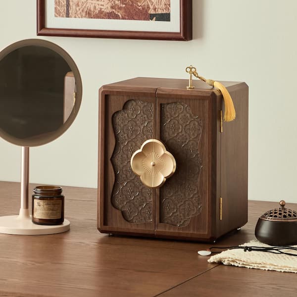 Modern Walnut Color MDF with Walnut Veneer Double-Door with Begonia Locking 5-Layer Jewelry Box