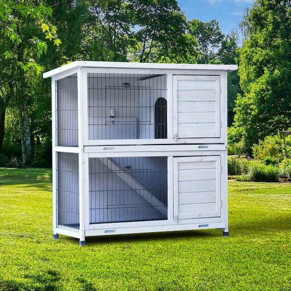 41 in. W Wood Outdoor Rabbit Hutch with 2-Story Indoor Cage, Removable Trays and Non-Slip Ramp