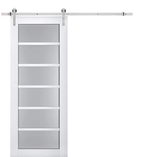 24 in. x 84 in. 1 Panel Frosted Glass White Solid Wood Sliding Barn Door with Hardware Kit