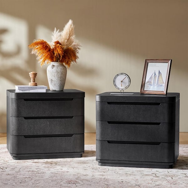 Romilda Charcoal Black 3-Drawer 26.5 in. W Nightstand Set of 2