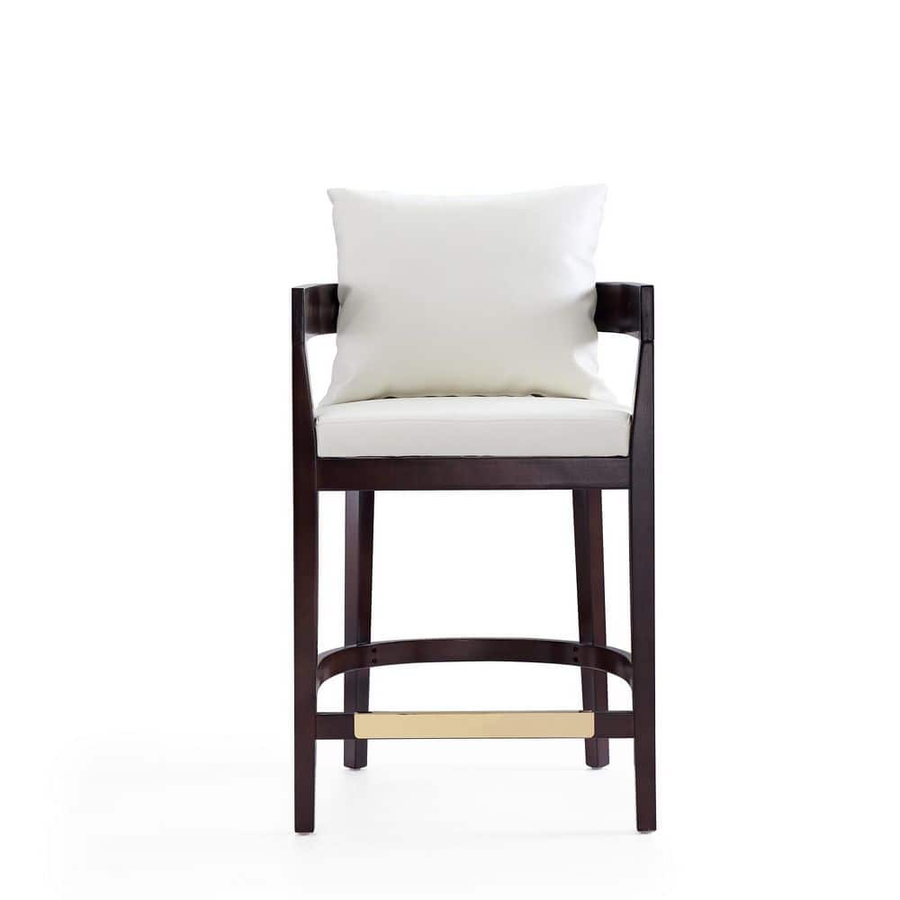 Ivory Faux Leather and Walnut Wood Counter Stool