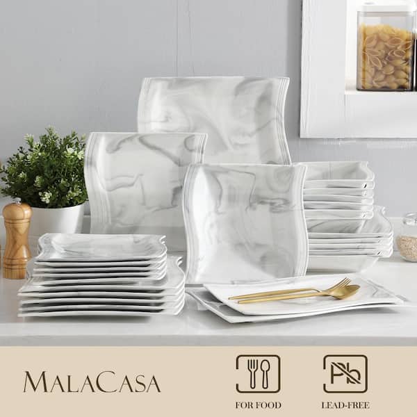 MALACASA Dinnerware Sets, Porcelain Tableware Set Marble Grey, 26-Piece  Square, Series Flora, Service for 6
