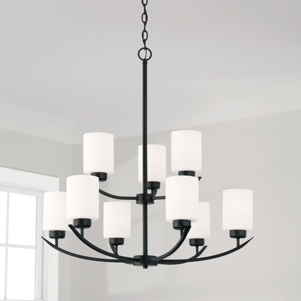Matte Black 9-Light Chandelier with Soft White Glass Shades