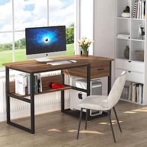 Lenka 47 in. Rectangular Black Metal Brown Particle Board Wood 1 Drawer Computer Desk with Tiltable top and Bookshelf