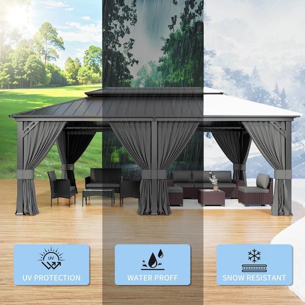 Halmuz 12 ft. x 20 ft. Gray Hardtop Gazebo with Curtain Grey