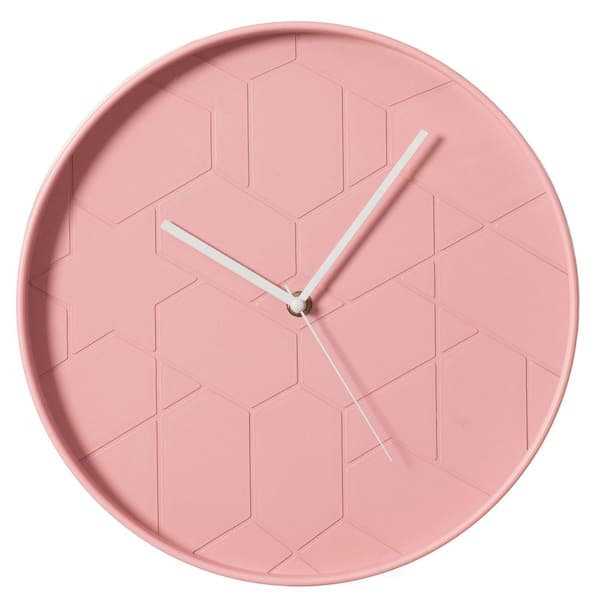 12" Rose Pink Hex Embossed Wall Clock Modern Decorative Round Hanging Design with Geometric Pattern Perfect for Bedroom