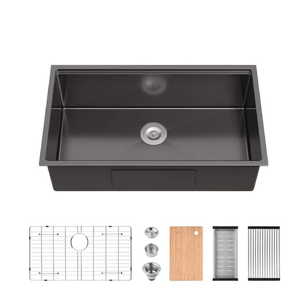 33 in. Undermount Single Bowl 18-Gauge Black Stainless Steel Kitchen Workstation Sink with Accessories Bundle Included