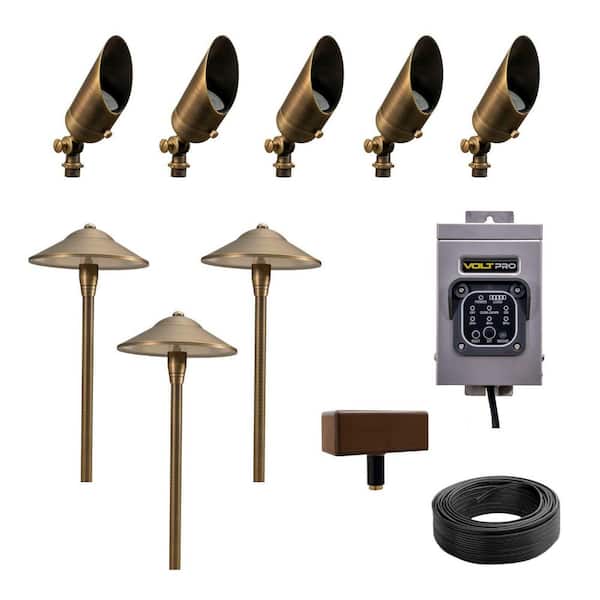 Hardwired Brass Bronze LED Landscape Lighting Kit with 100W Transformer, 5 Spotlights & 3 Path Lights
