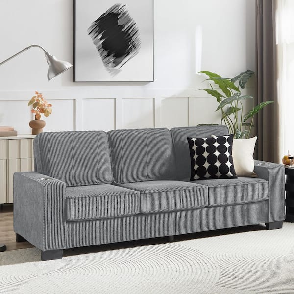 Thodore Modern 83.86 in. Square Arms Upholstered Corduroy Rectangle 3-Seater Sofa in Gray with Cup Holder