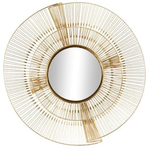35 in. x 35 in. Layered Round Framed Gold Starburst Wall Mirror with Wire Starburst Rays
