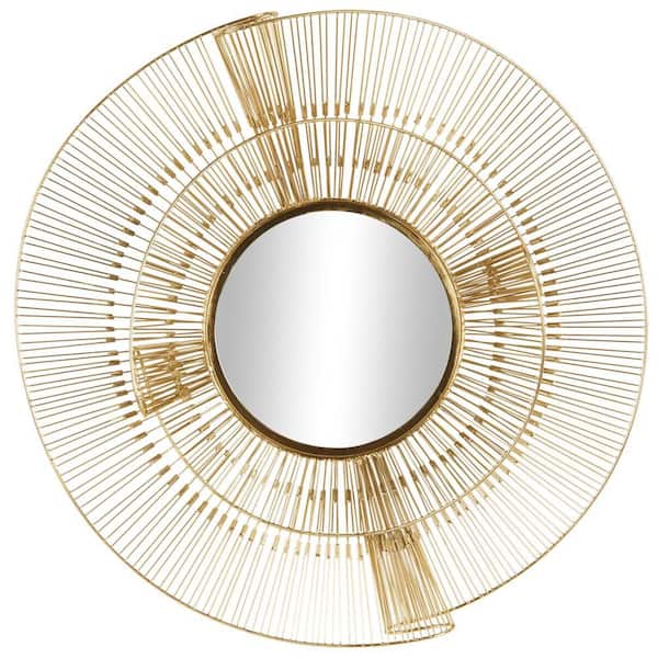 Litton Lane 35 in. x 35 in. Layered Round Framed Gold Starburst Wall Mirror with Wire Starburst Rays