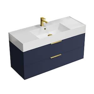 Derin 47.64 in. W x 18.11 in. D x 25.2 in. H Modern Wall Mounted Bathroom Vanity in Night Blue with White Ceramic Top