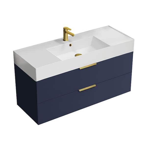 Nameeks Derin 47.64 in. W x 18.11 in. D x 25.2 in. H Modern Wall Mounted Bathroom Vanity in Night Blue with White Ceramic Top