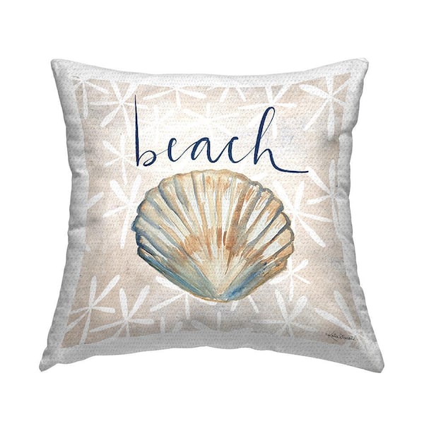 Nautical Pattern Clam Shell Beach Calligraphy Beige Square Outdoor Throw Pillow