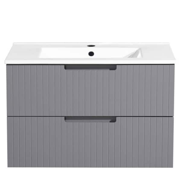 Aoibox 30 in. Floating Bath Vanity Cabinet in Gray with White Ceramic Sink Top Combo Set and 2 Large Drawers