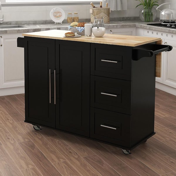 Amucolo Black Wood 43.7 in. Kitchen Island with Lockable Wheels, Spice Rack, Towel Rack and Extensible Solid Wood Table Top