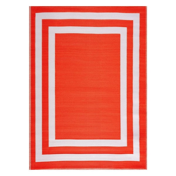 Paris Orange White 6 ft. x 9 ft. Modern Plastic Indoor/Outdoor Area Rug
