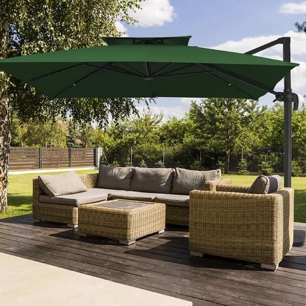 JEAREY 11 ft. x 11 ft. Square Two-Tier Top Rotation Outdoor Cantilever Patio Umbrella with Cover in Green